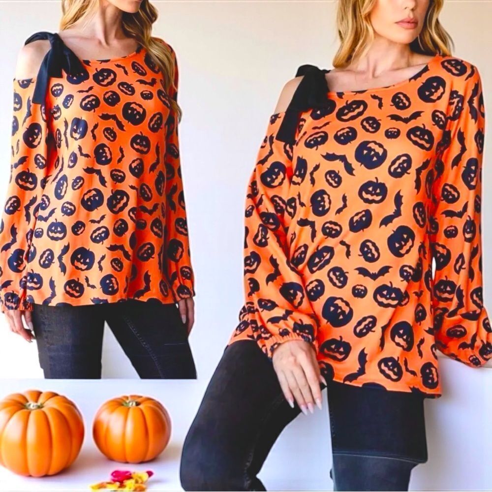 Heimish Orange Halloween Pumpkin Print One Shoulder Tie Long Sleeve T-Shirt L 🆕 - Picture 3 of 10